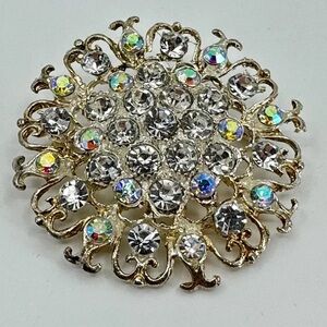 VTG Brooch AB Crystal Scroll Flower Medallion Silver Tone Estate Costume Pin